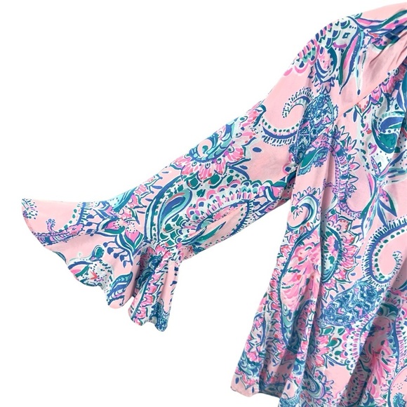 Lilly Pulitzer Womens Willa Flounce Sleeve Top Size XXS Pink Blue Tropical Print - Picture 4 of 11